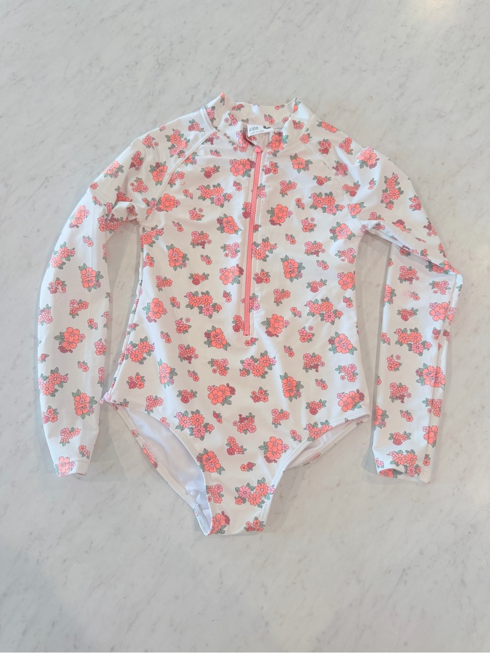 Cotton On White Long-Sleeve Floral One-Piece Swimsuit with Coral Flowers